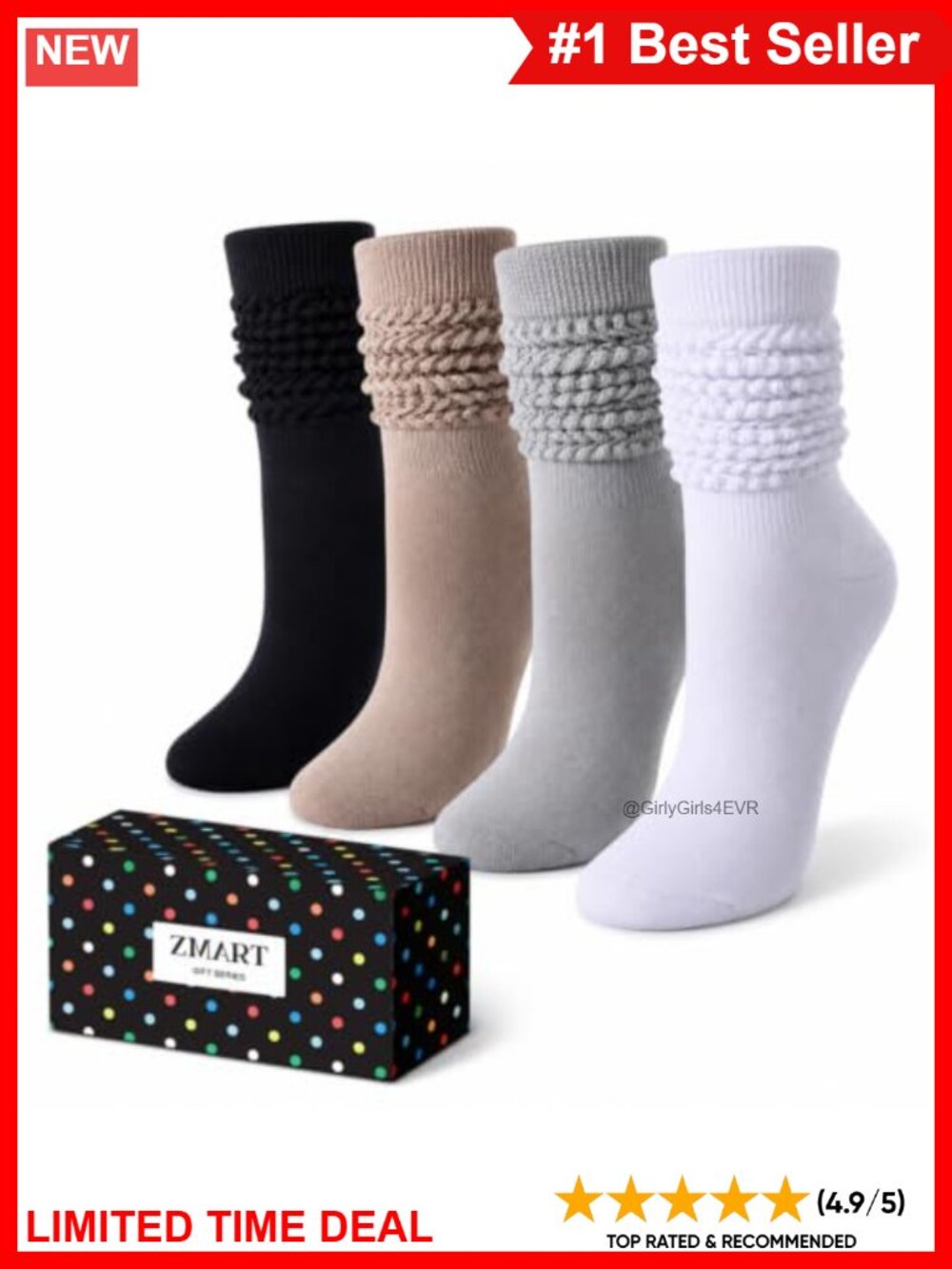 Cotton Blend Slouch Socks Knee-High Retro Winter Socks 4 Pack